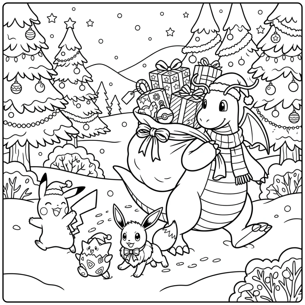 Cheerful Pokemon Christmas Dragonite Pikachu Togepi Eevee coloring page