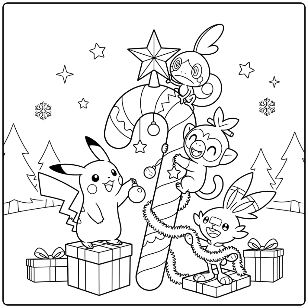 Cheerful Pokemon Pikachu and Christmas Decorations coloring page