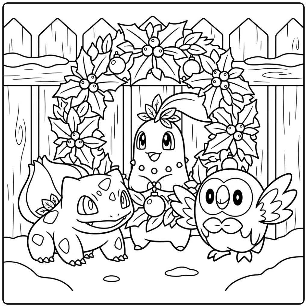 Cheerful Pokemon Friends with the Christmas Wreath coloring page