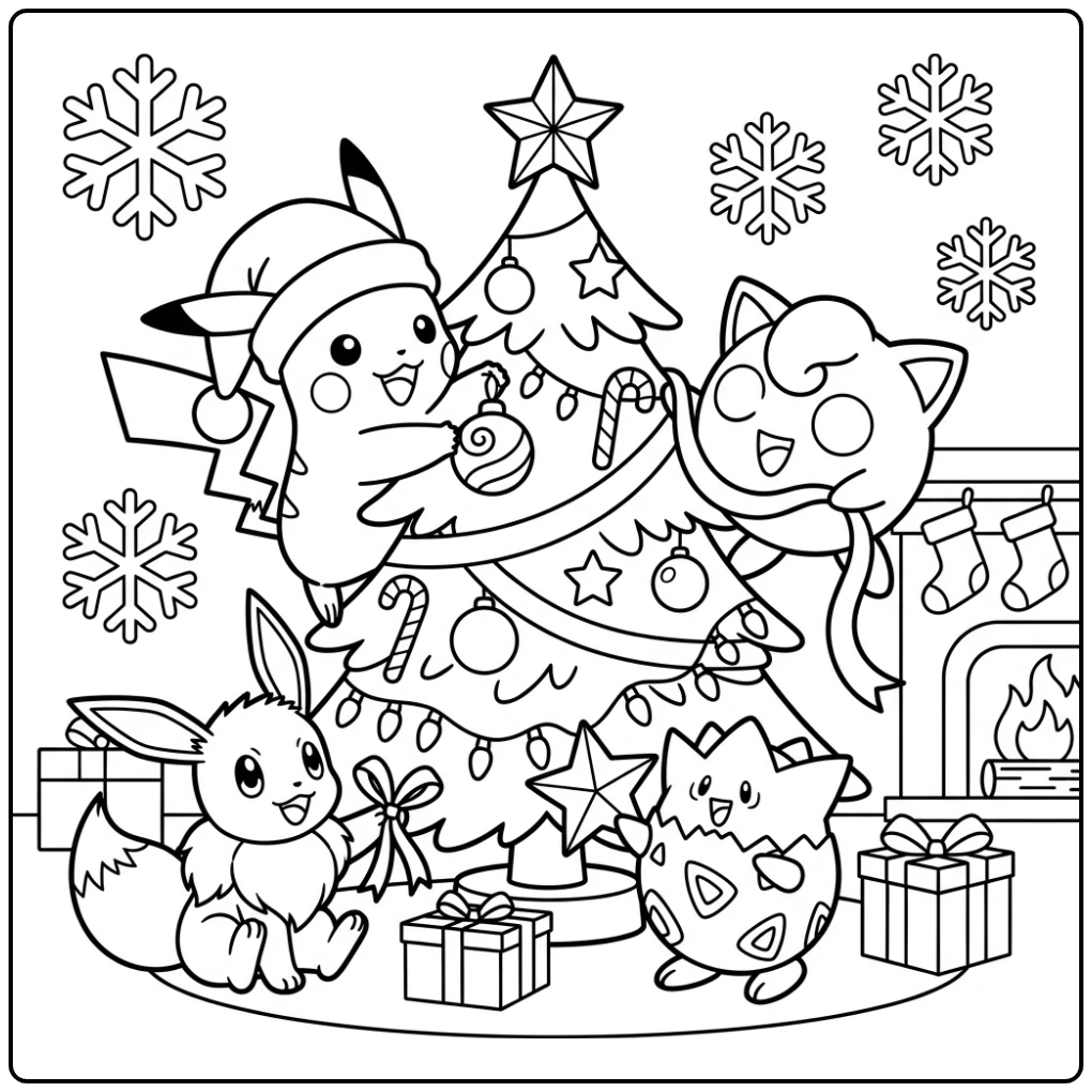 Cheerful Pokemon Christmas Pikachu Decorates Tree with Friends coloring page
