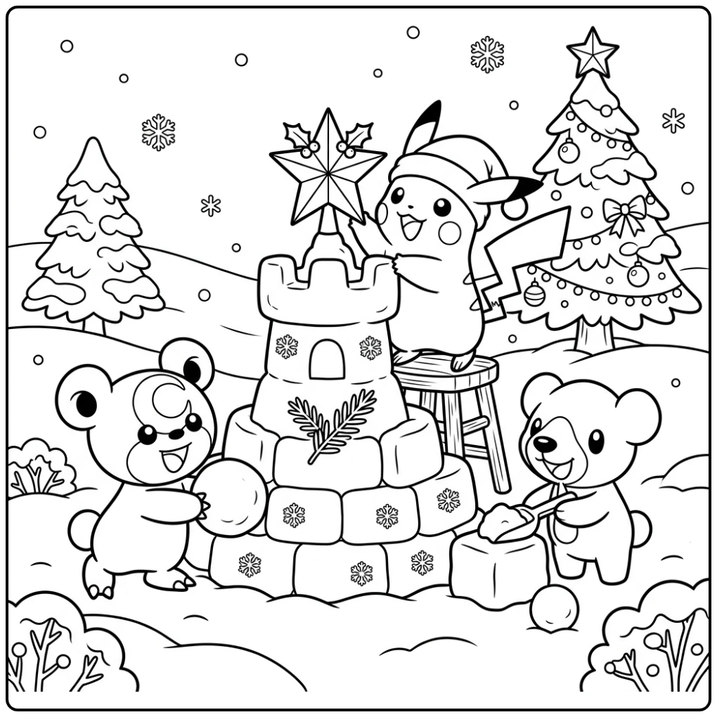 Cheerful Pokemon Christmas Pikachu Decorates the Snow Fort coloring page