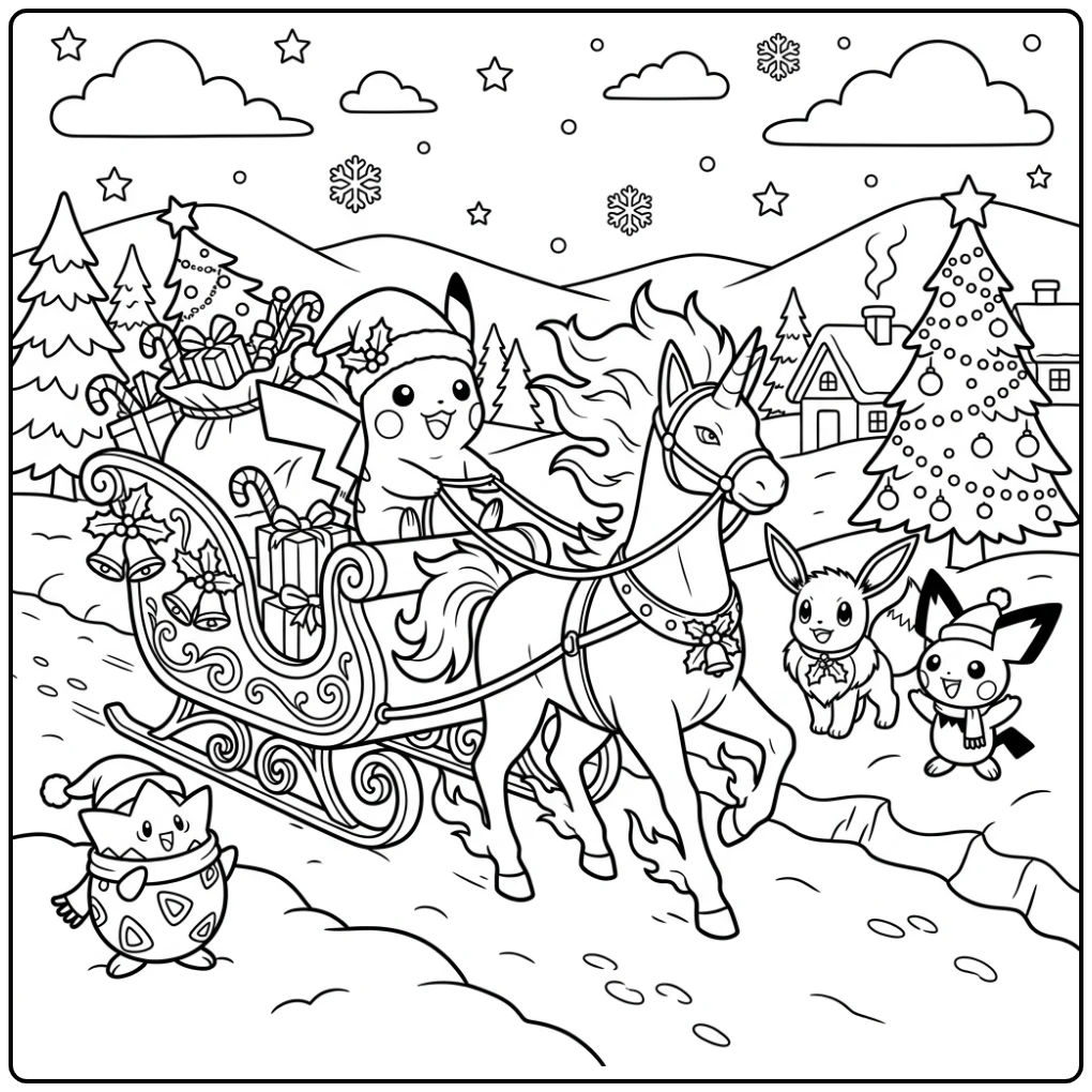 Cheerful Pokemon Christmas Pikachu's Sleigh Ride coloring page
