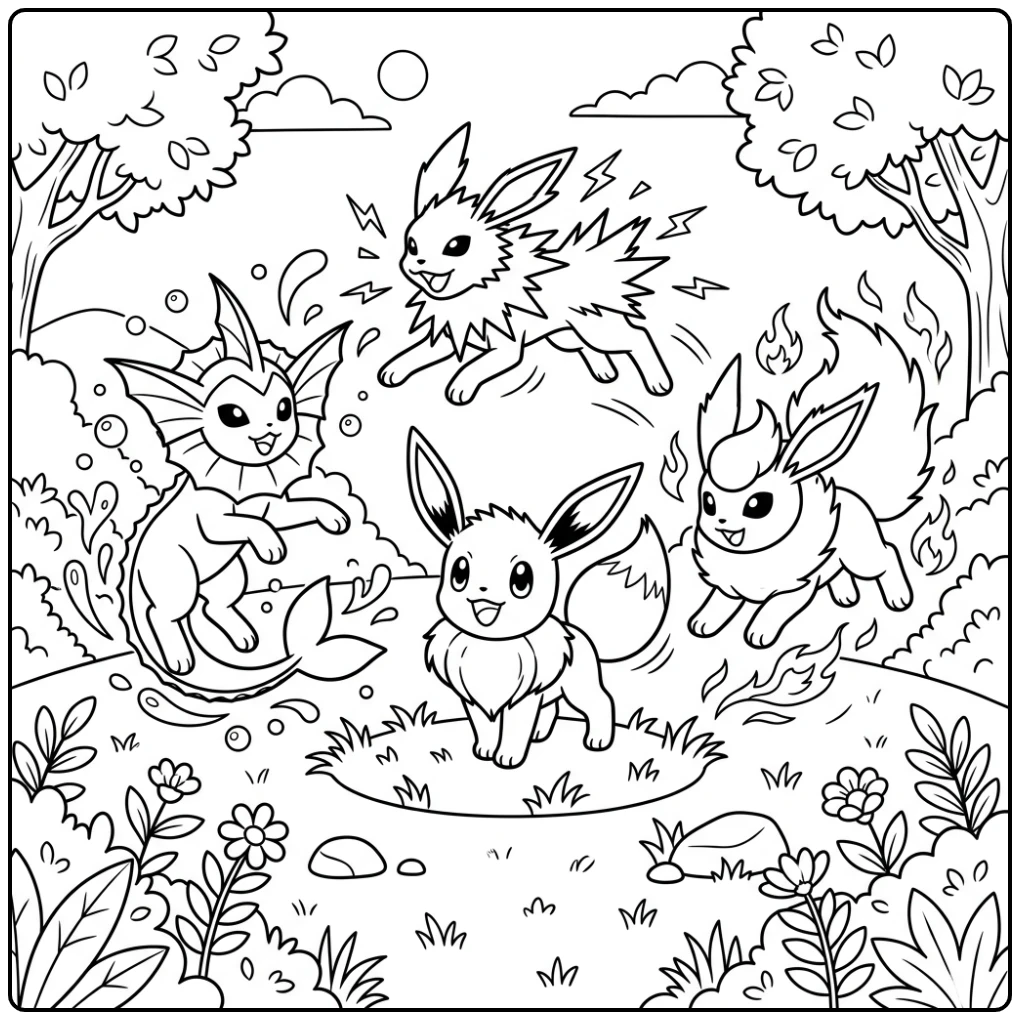 Cheerful Pokemon Eevee Evolutions Family Time coloring page