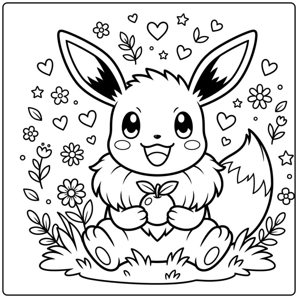 Cheerful Pokemon Eevee Evolutions with Berries coloring page