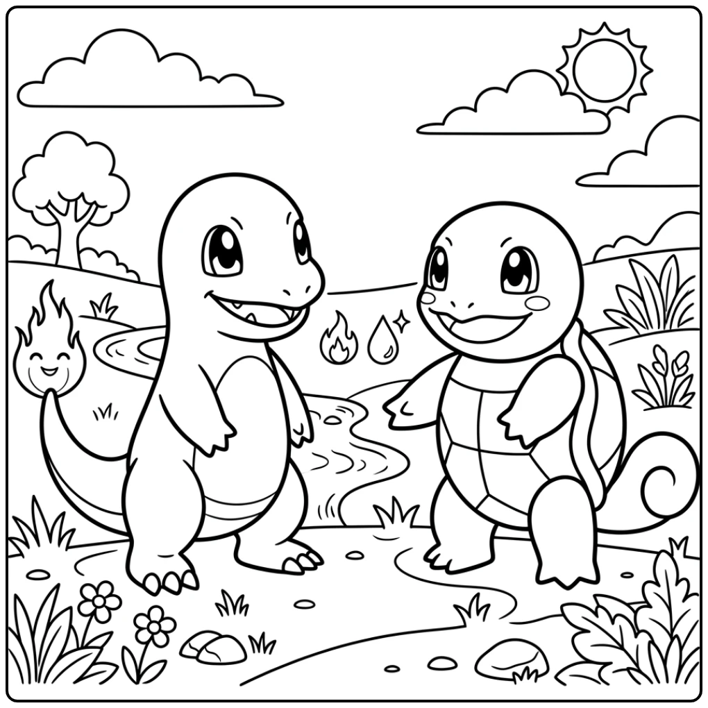 Cheerful Pokemon Easy Charmander and Squirtle Duo coloring page