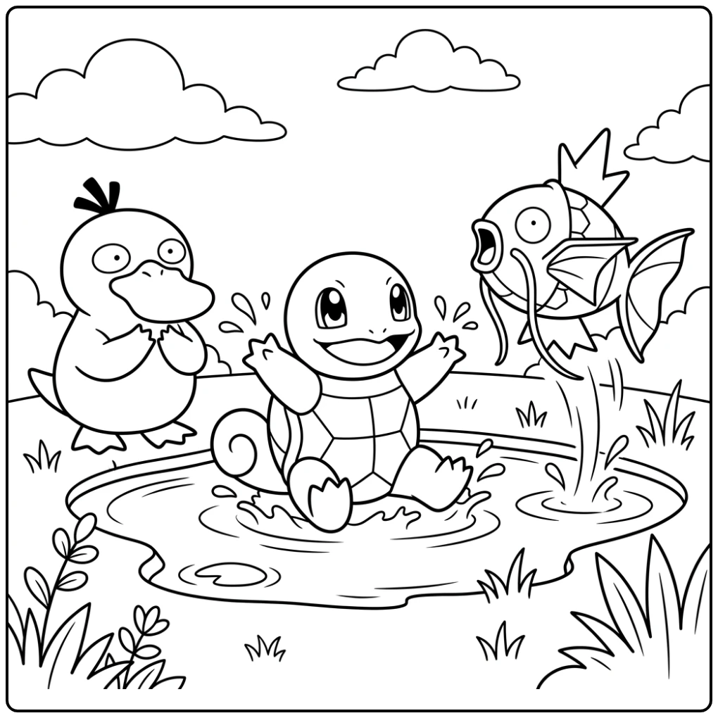 Cheerful Pokemon Easy with Splashing Squirtle and Friends coloring page
