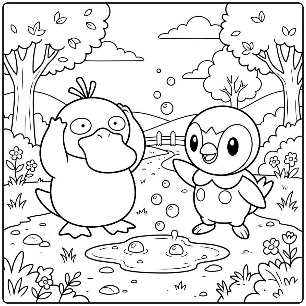 Cheerful Pokemon Easy Psyduck and Piplup with the Water coloring page