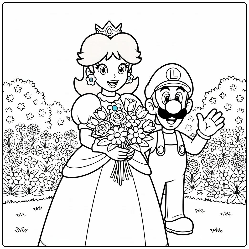 Cheerful Princess Daisy with Luigi coloring page