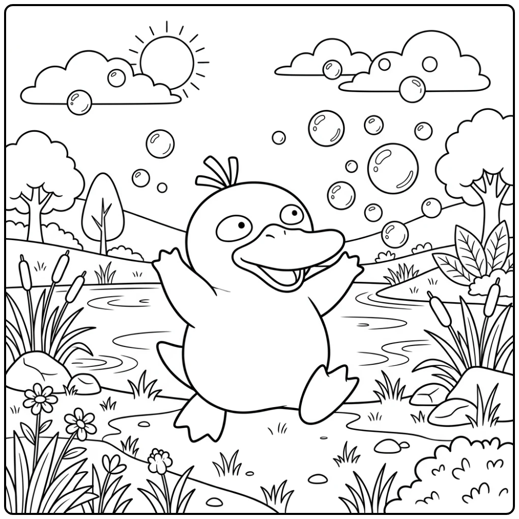 Cheerful Psyduck Bubble Fun with the Pond coloring page