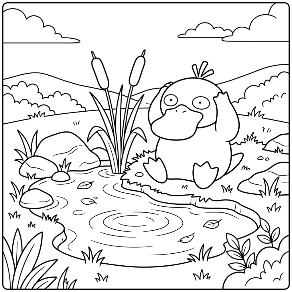 Cheerful Psyduck Confusion with the Pond coloring page
