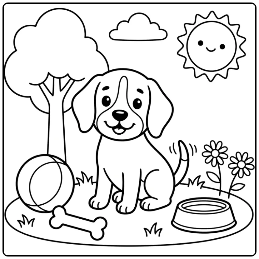 Cheerful Easy Puppy in the Garden coloring page