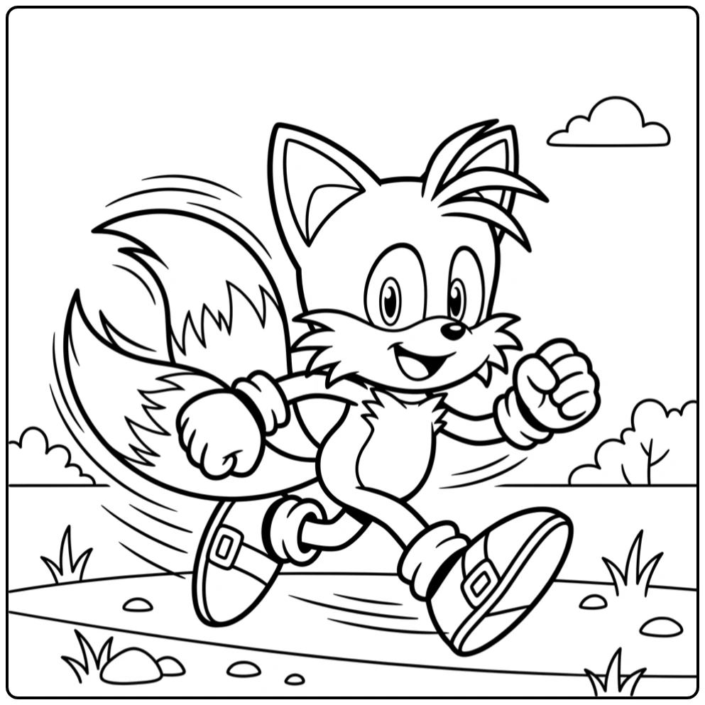 Tails coloring page with a flying adventure