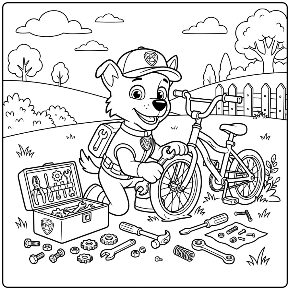 Cheerful Rocky Paw Patrol Bike Repair Adventure coloring page