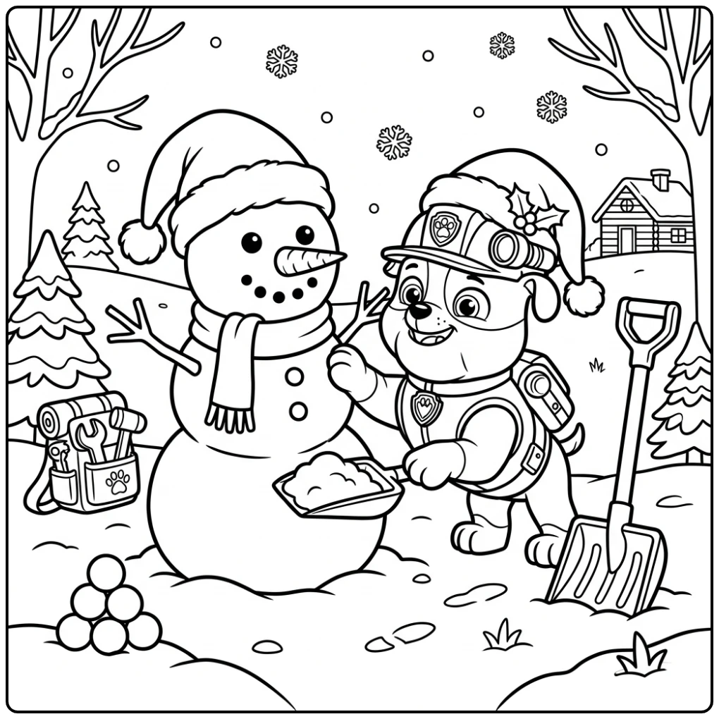Cheerful Rubble and Snowman a Paw Patrol Christmas Adventure coloring page