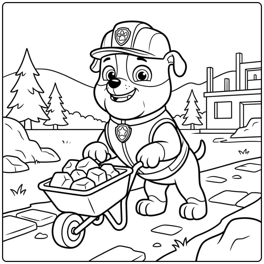 Cheerful Easy Paw Patrol Rubble with a Wheelbarrow coloring page