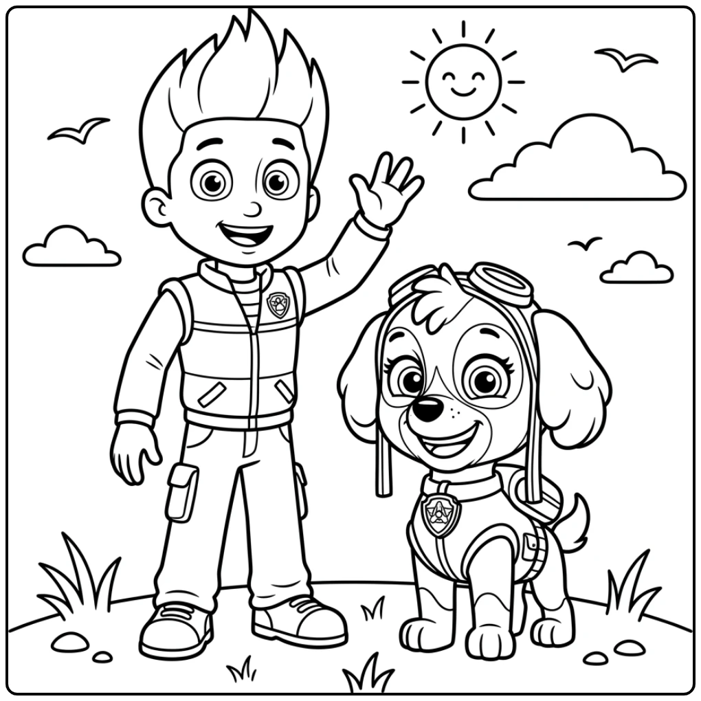 Cheerful Ryder Paw Patrol Fun with Skye coloring page