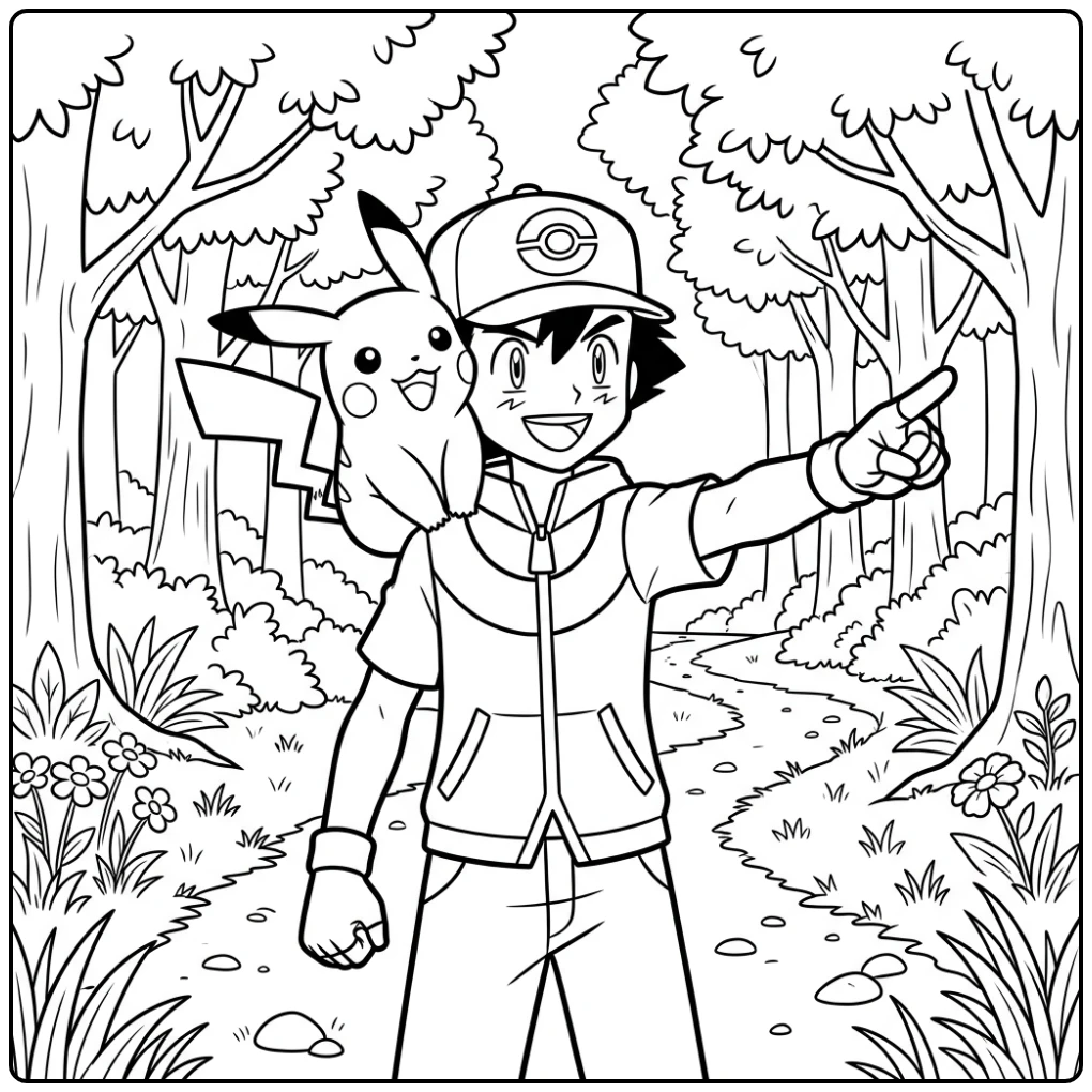 Cheerful Ash and Pikachu in the Forest coloring page