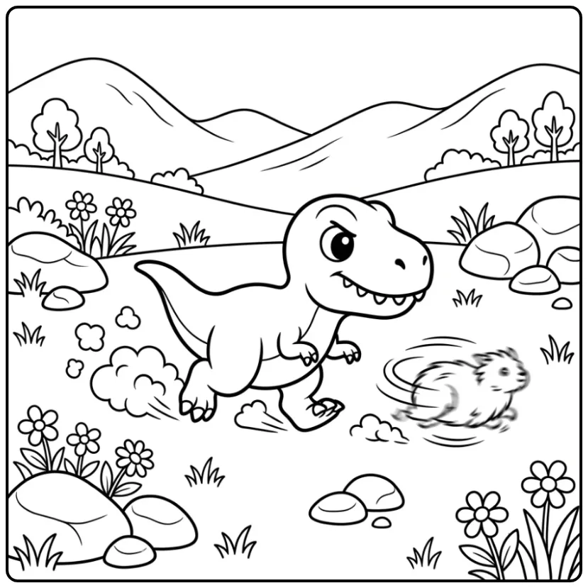 Cheerful Scorpius Rex Running Through a Grass Valley coloring page