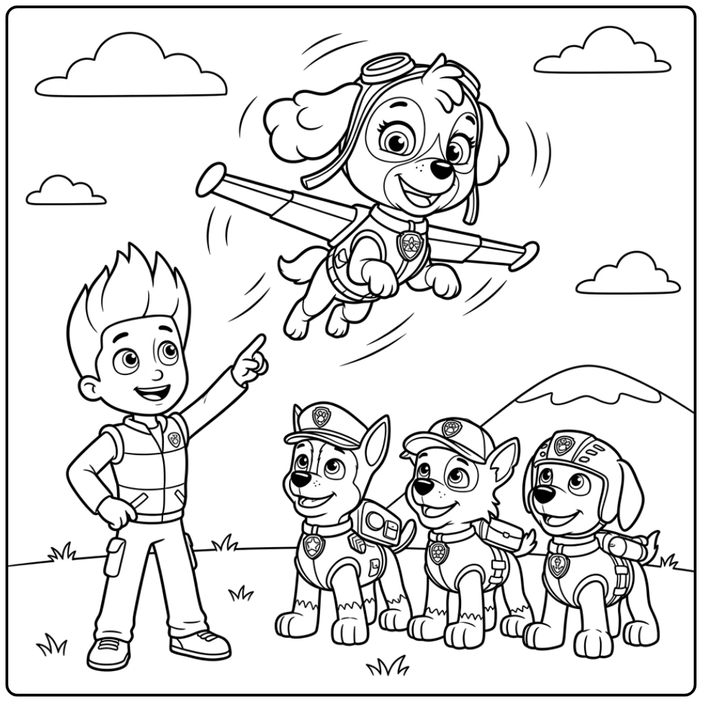 Cheerful Paw Patrol Skye in the Sky with Ryder coloring page