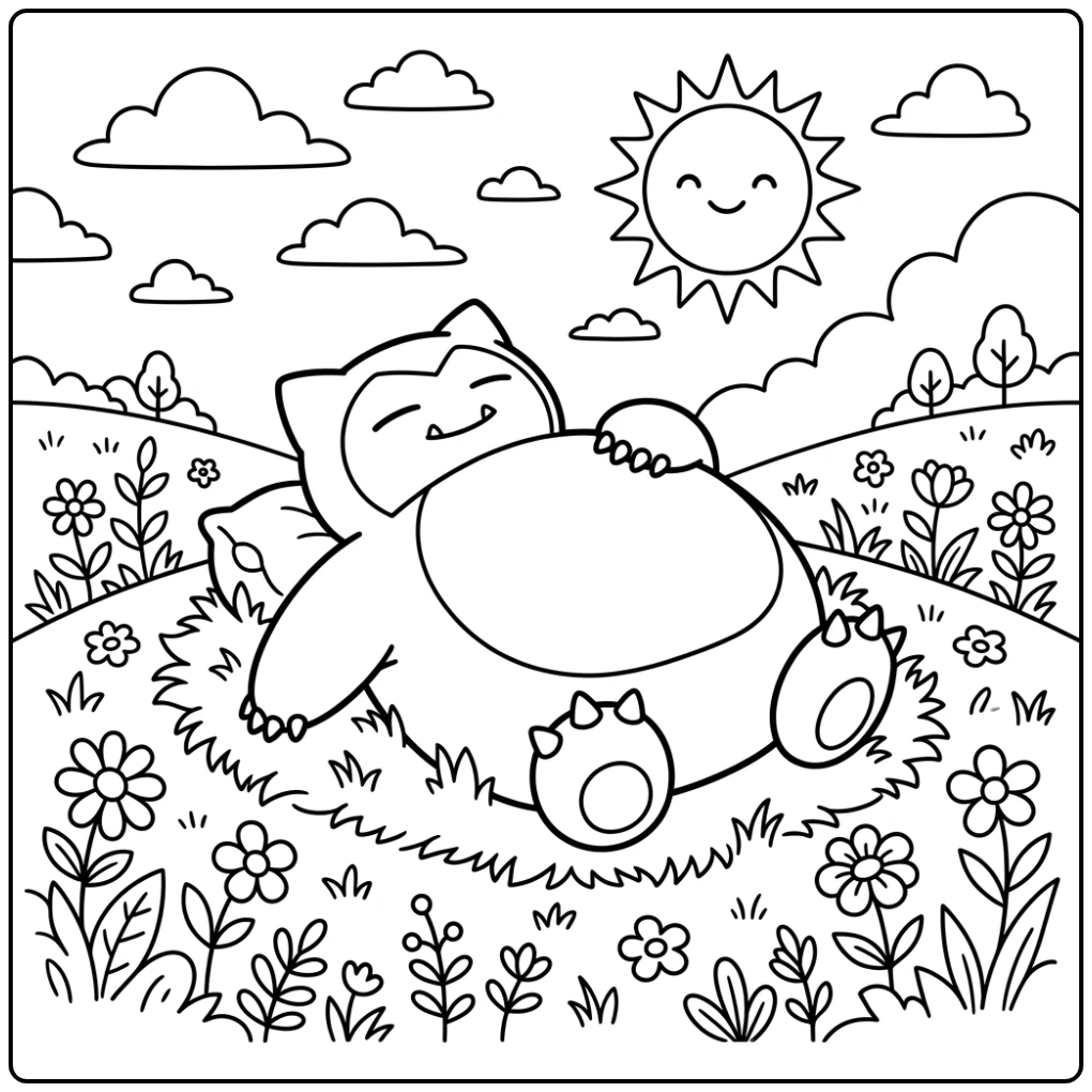 Cheerful Snorlax Sleeping in the Sun on a Hill coloring page
