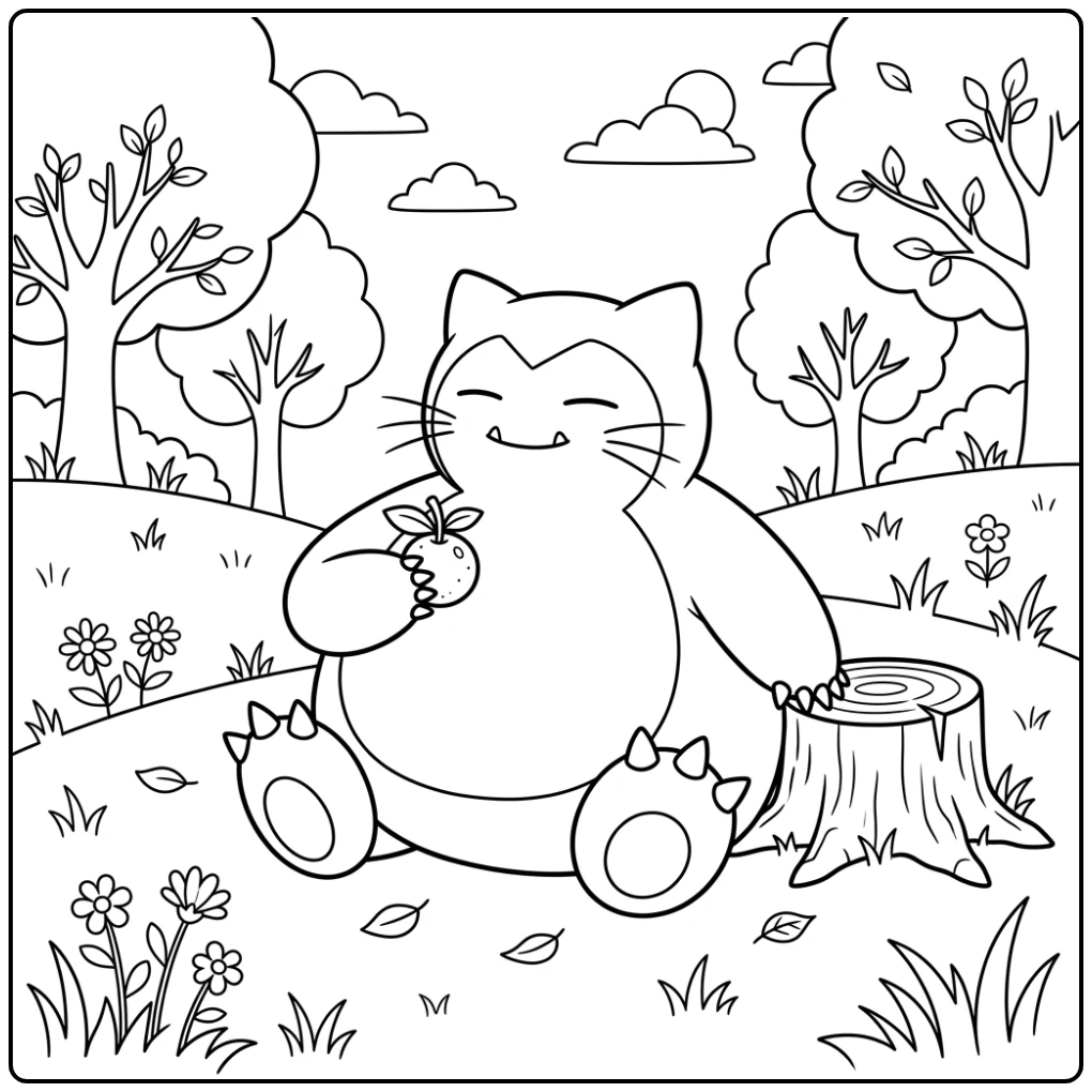 Easy Pokemon with Cheerful Snorlax and Fruit coloring page