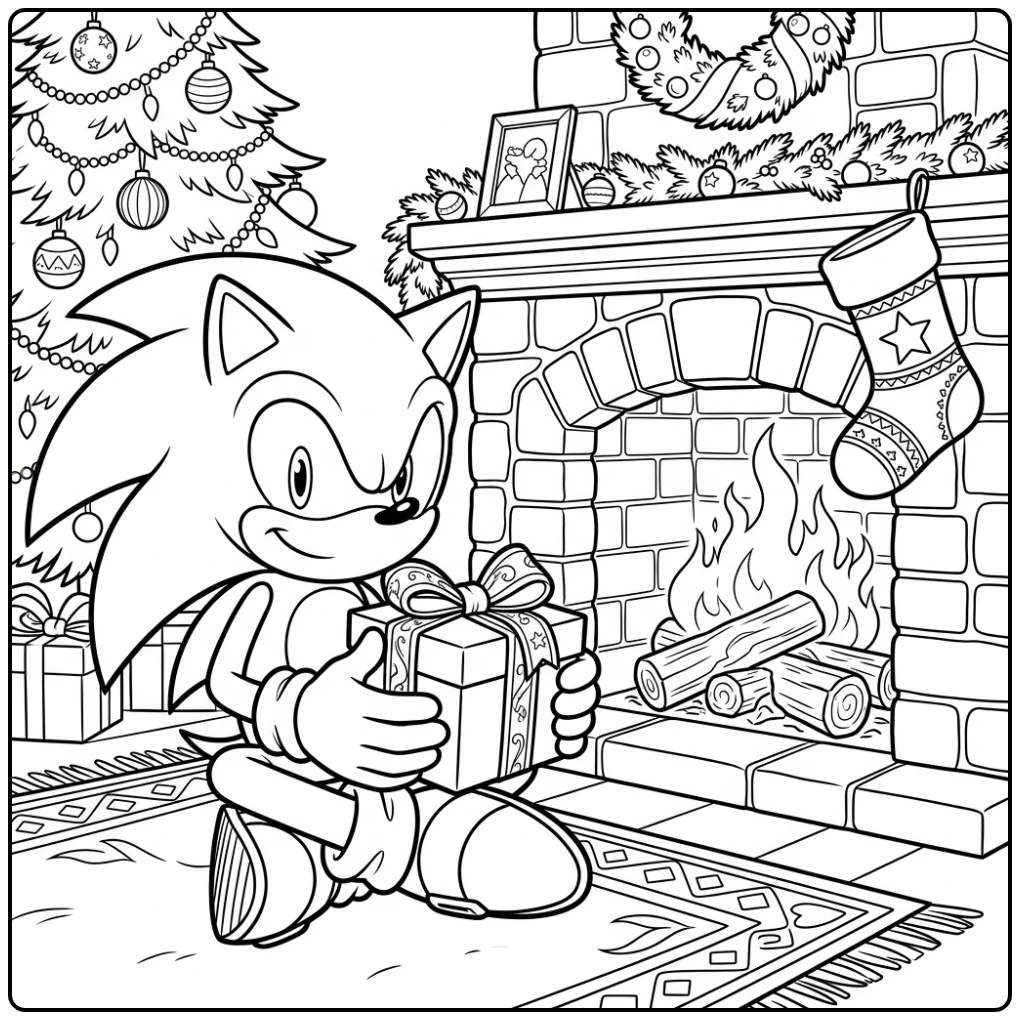 Cheerful Christmas Sonic and His Gift coloring page