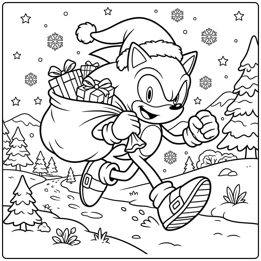 Cheerful Christmas Sonic Delivering Gifts coloring page