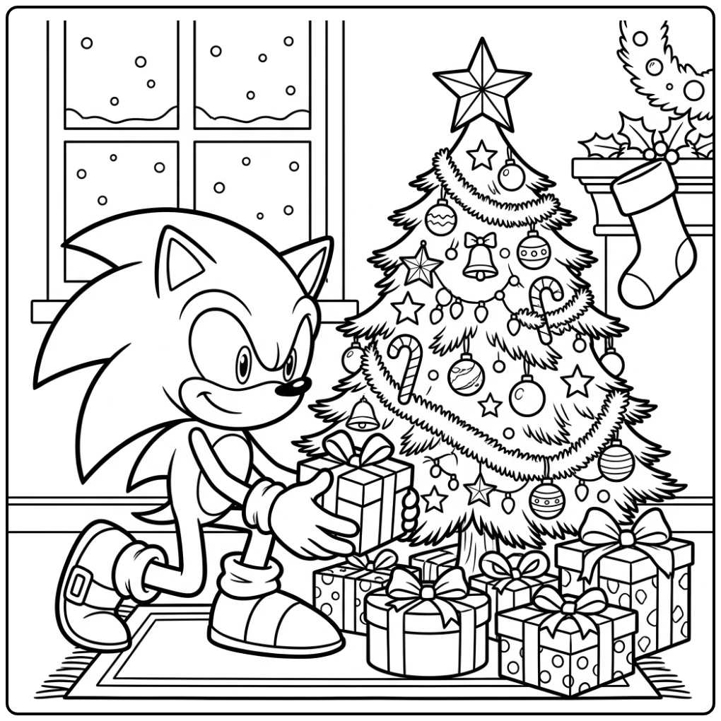 Cheerful Sonic Under the Christmas Tree coloring page