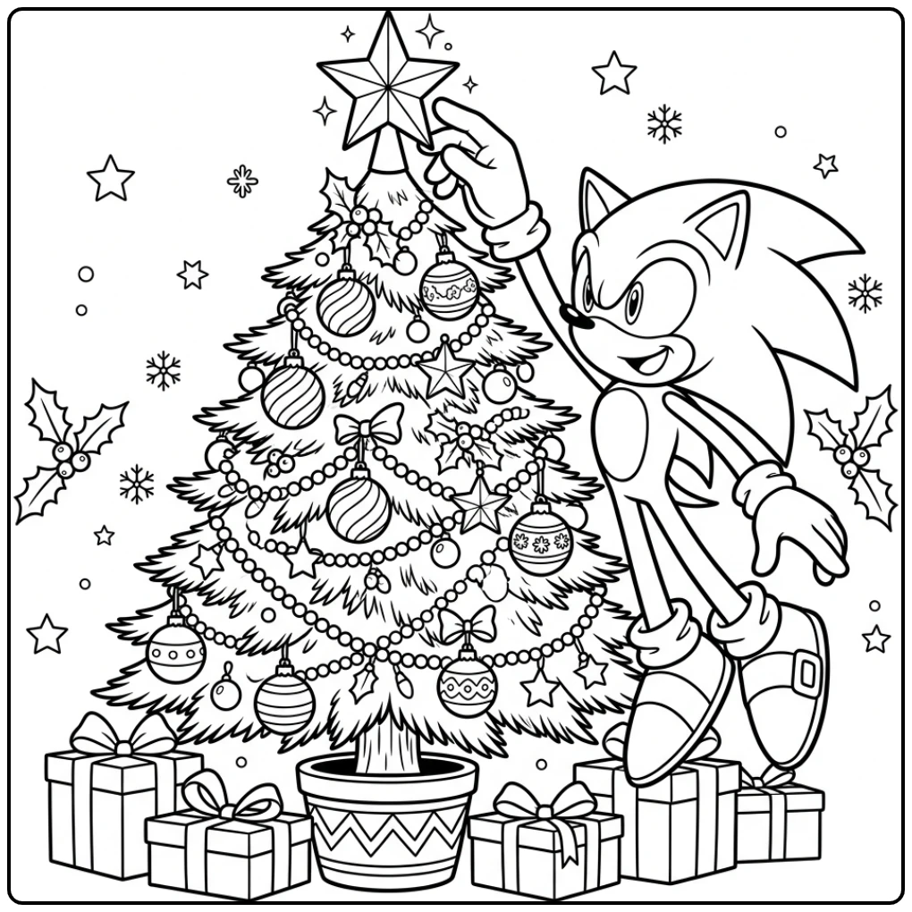 Cheerful Sonic Placing a Star on the Christmas Tree coloring page