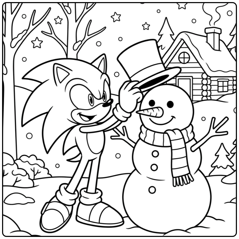 Cheerful Christmas Sonic Putting a Hat on Snowman coloring page
