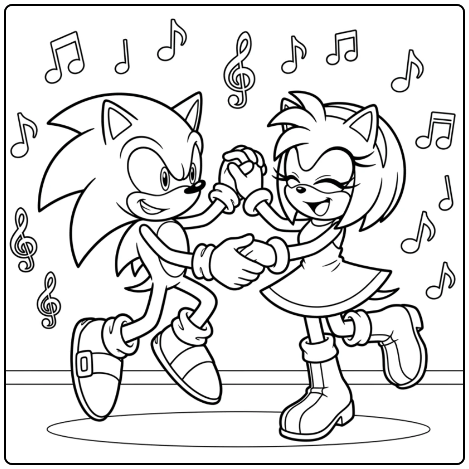 Cheerful Sonic and Amy Dancing Together coloring page