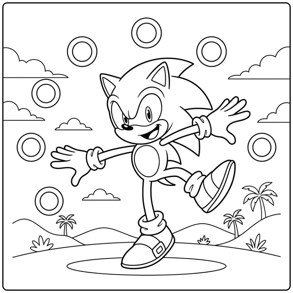 Cheerful Sonic in Action with Floating Rings coloring page
