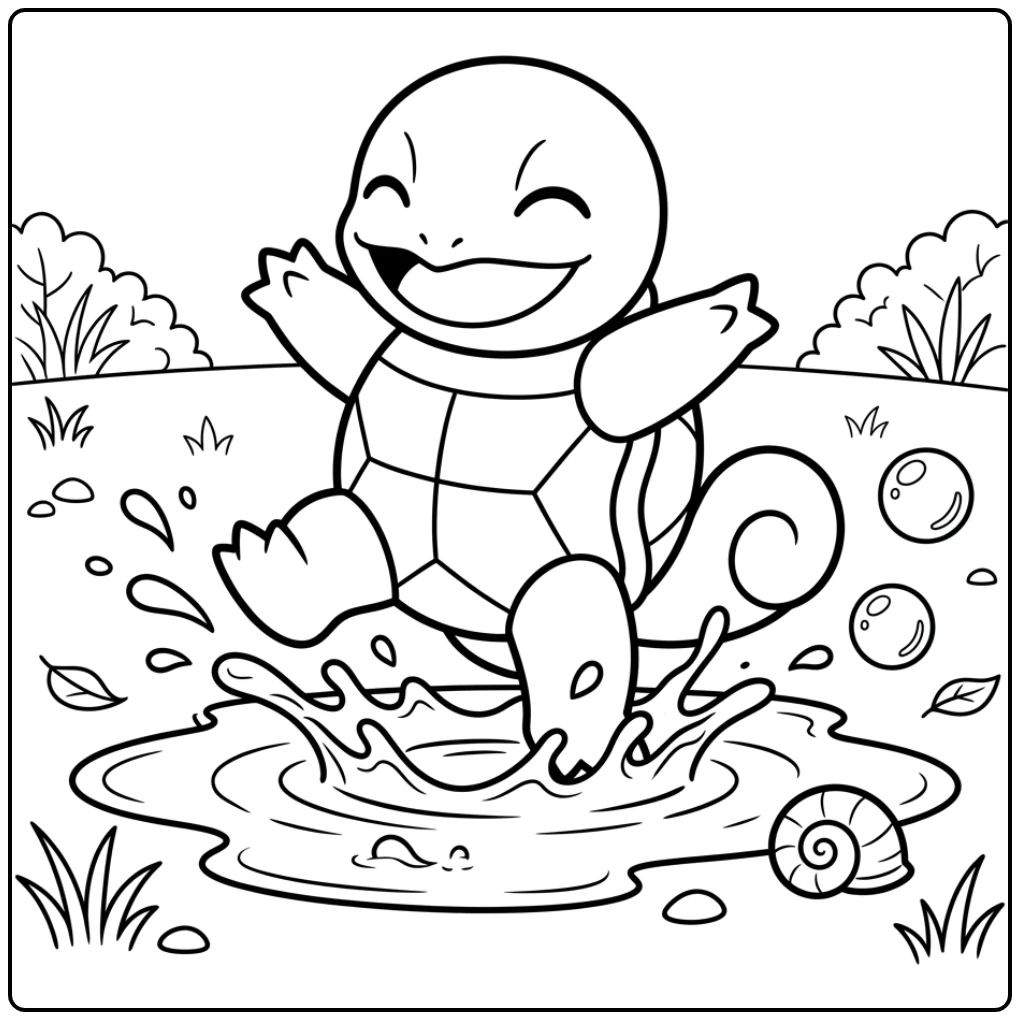 Cheerful Squirtle with Puddle a Pokemon Easy coloring page