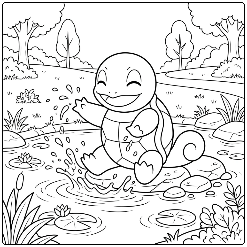 Cheerful Squirtle by a Pond in the Park coloring page