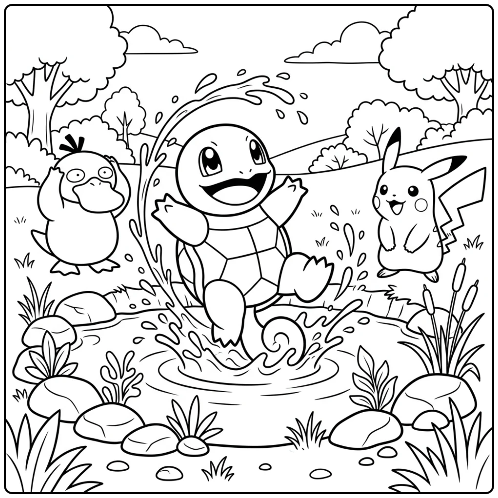 Cheerful Squirtle Pikachu and Psyduck coloring page