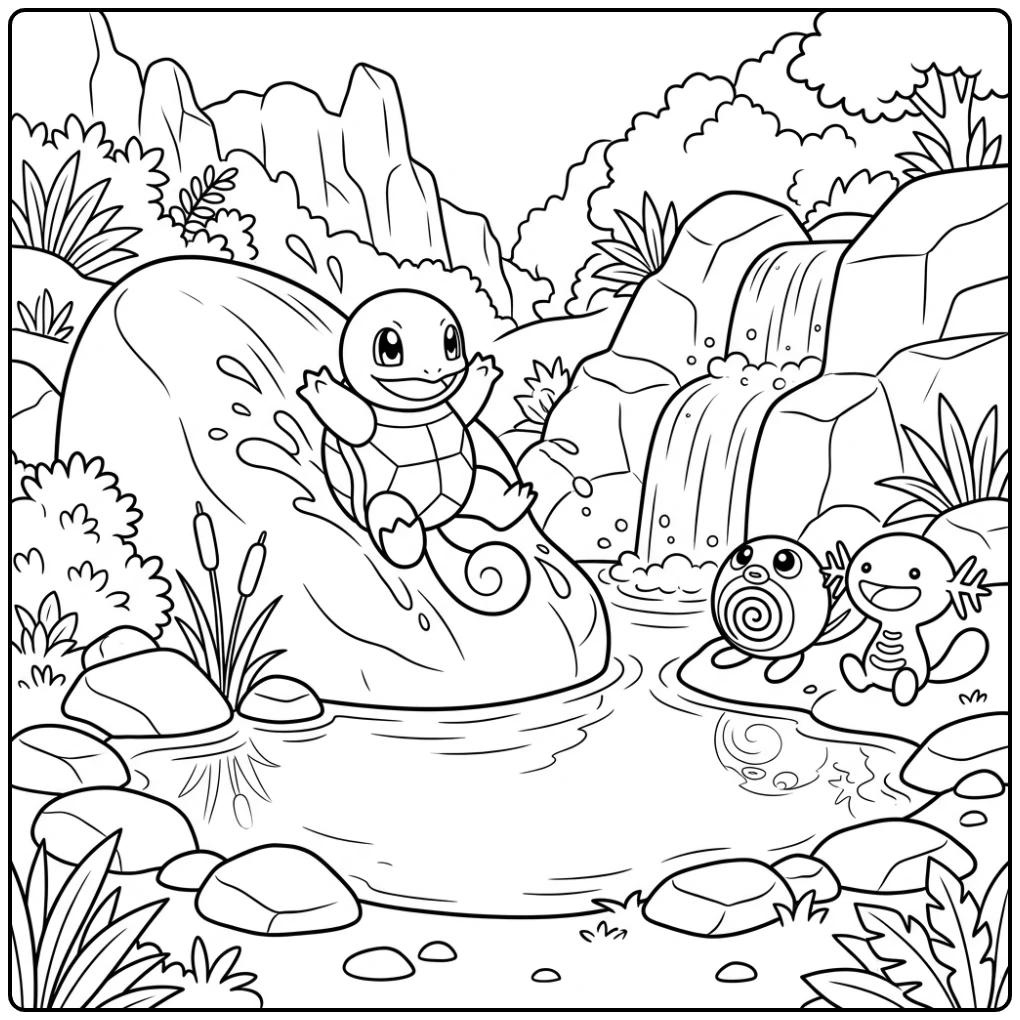 Cheerful Squirtle Friends with the Waterfall coloring page