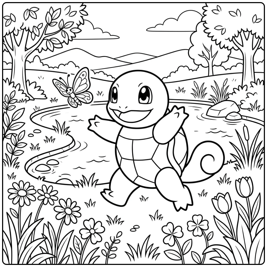 Cheerful Squirtle and Butterfly Adventure coloring page