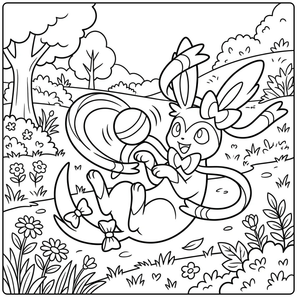 Cheerful Sylveon with a Bouncing Ball coloring page