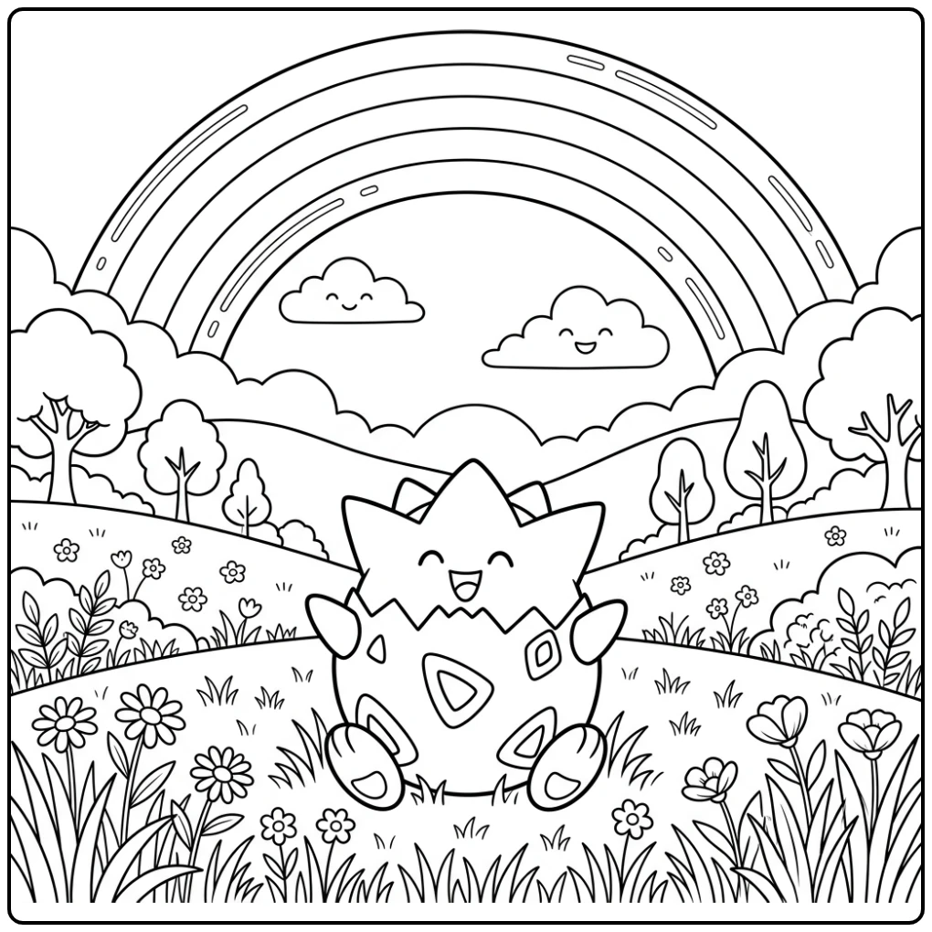 Cheerful Togepi in a Pokemon Rainbow Scene coloring page