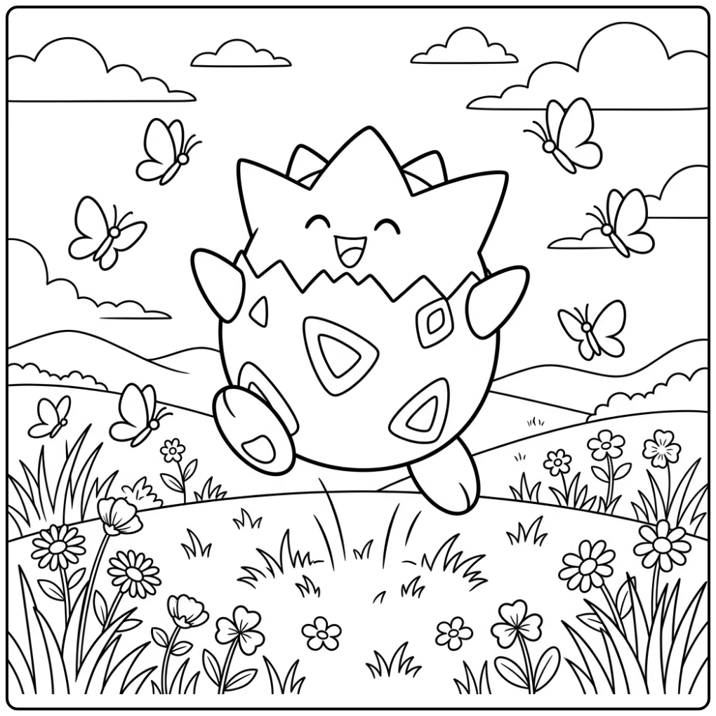 Cheerful Togepi Pokemon Cute in a Flower Meadow coloring page