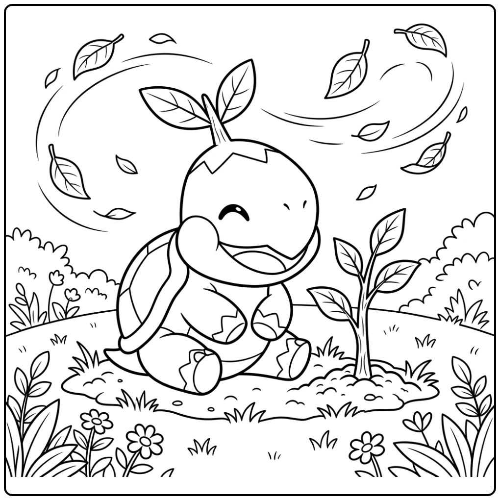 Cheerful Turtwig Pokemon Cute with Young Tree coloring page
