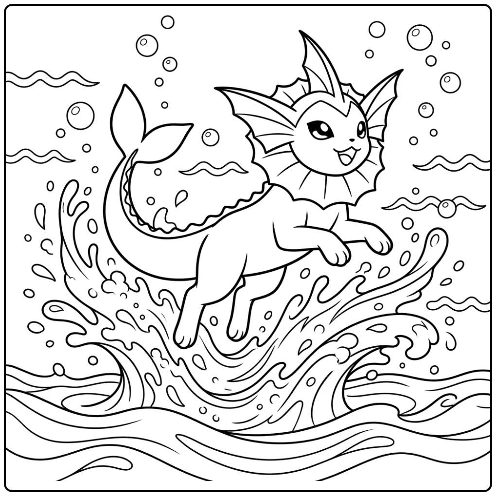 Cheerful Vaporeon Fun in the Water with Bubbles coloring page