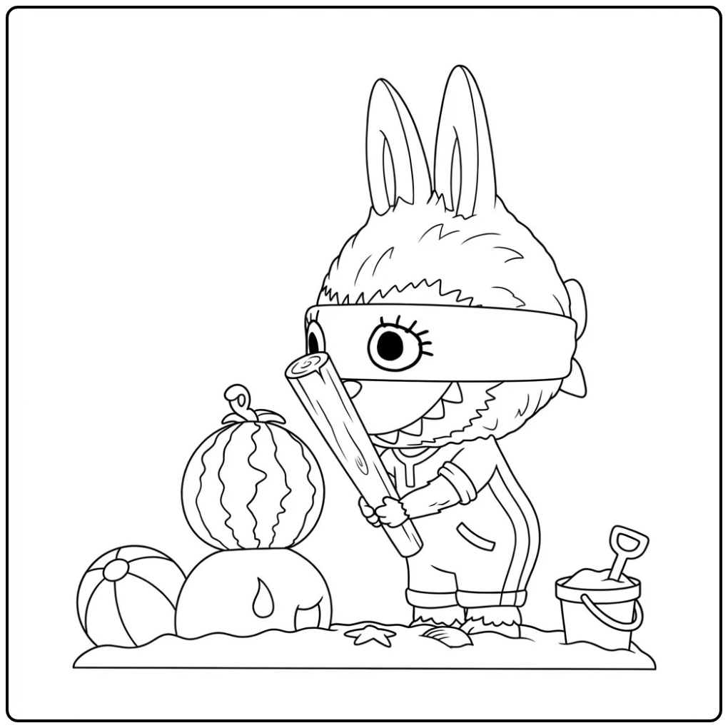 Cheerful Watermelon Labubu for the Summer coloring page