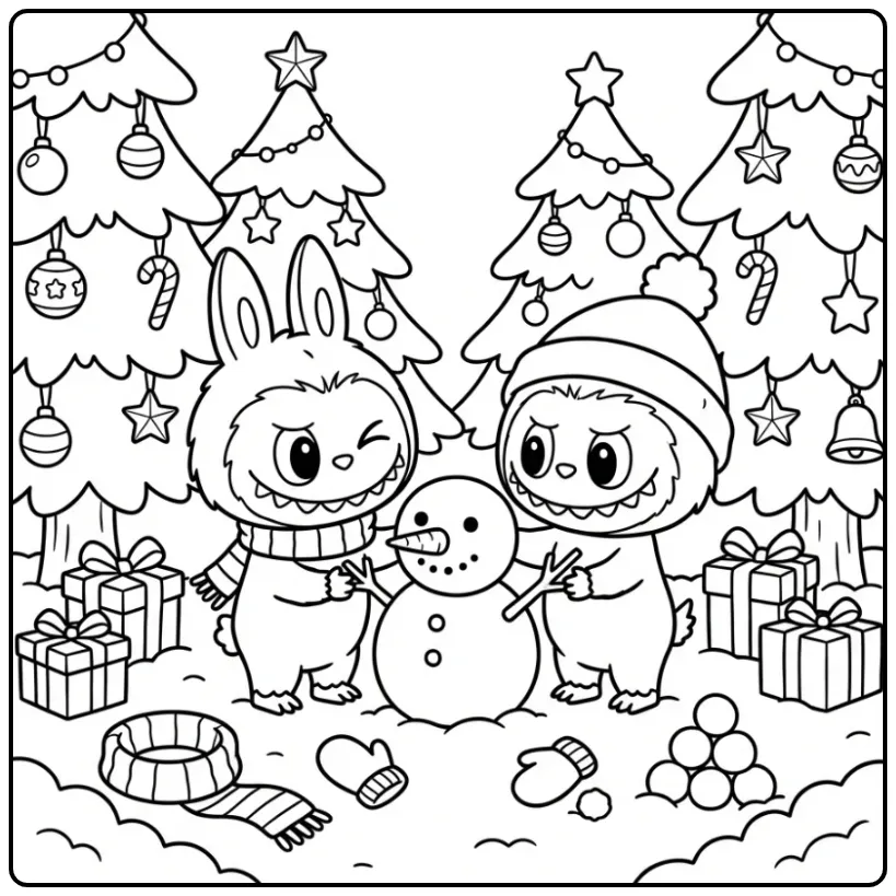 Cheerful Winter Labubu Christmas with Snowman coloring page