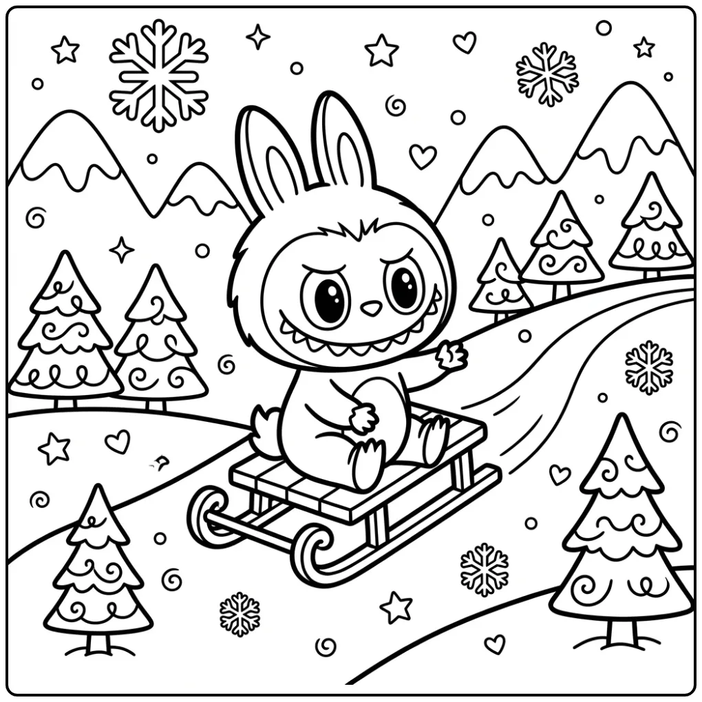 Cheerful Winter Labubu Sleigh and Trees coloring page