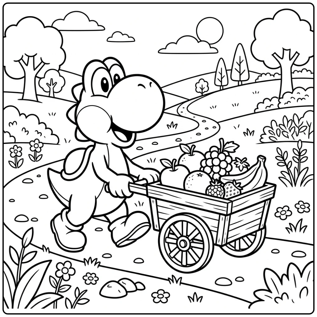 Cheerful Yoshi Fruit Cart on a Simple Path coloring page