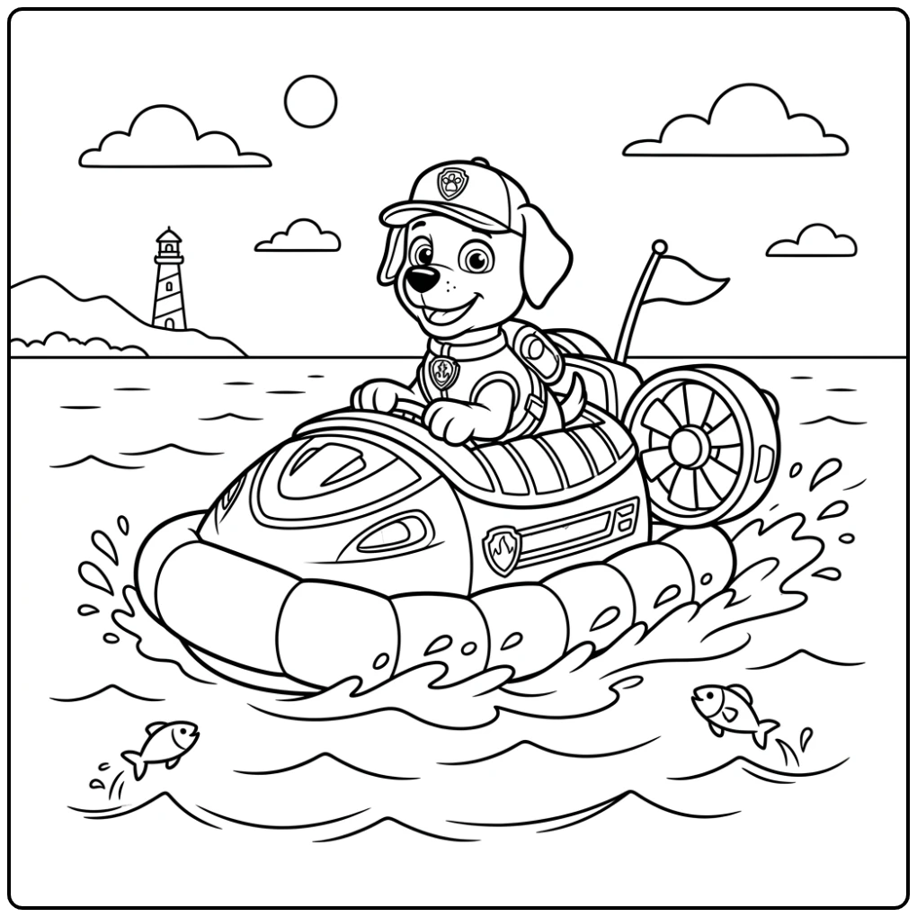 Cheerful Zuma Paw Patrol with a Hovercraft at Sea coloring page