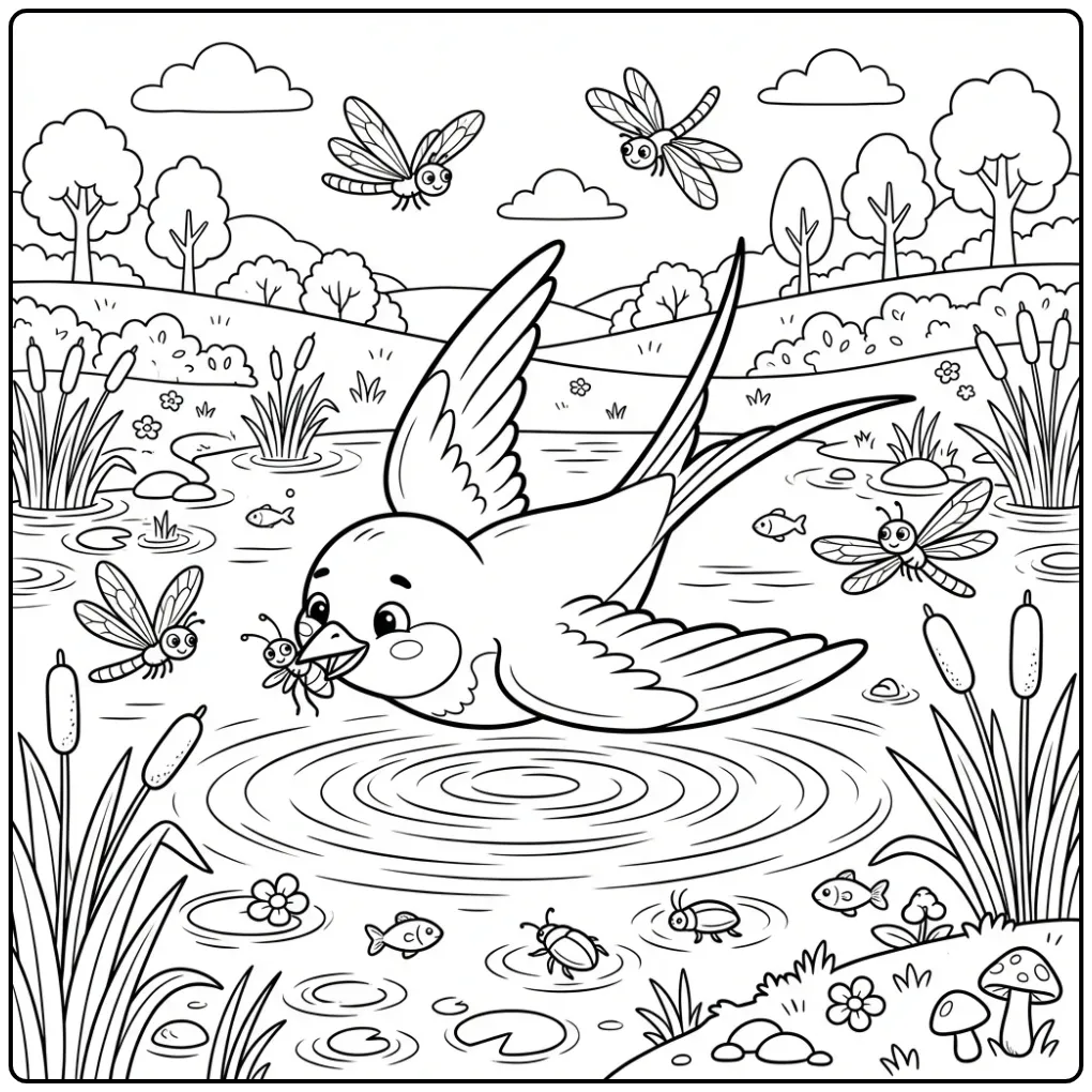 Cheerful Swallow by the Lake with Insects coloring page