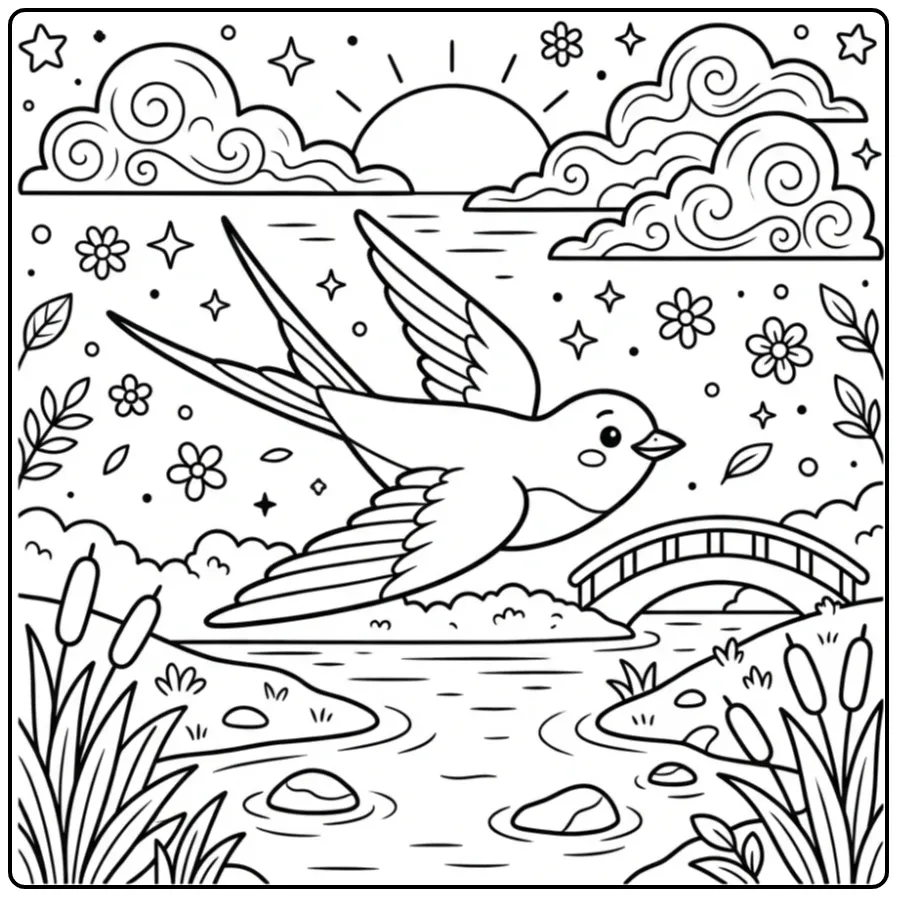 Cheerful Swallow with Bridge and Clouds coloring page