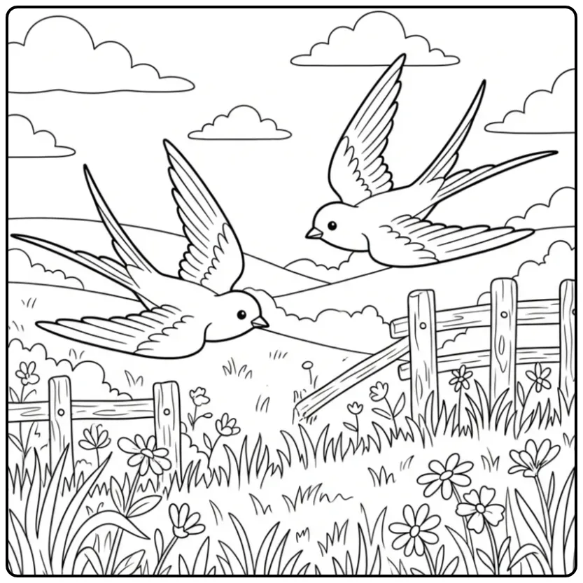 Swallow coloring page with flying birds above a meadow